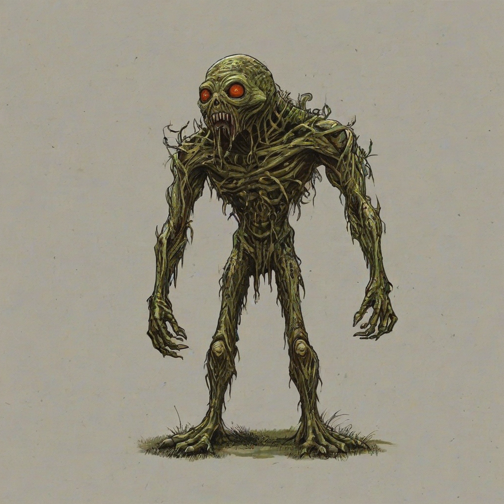 a hand-drawn bogeyman creature, army green and brown hues, full body visible, on a plain white background, even lighting