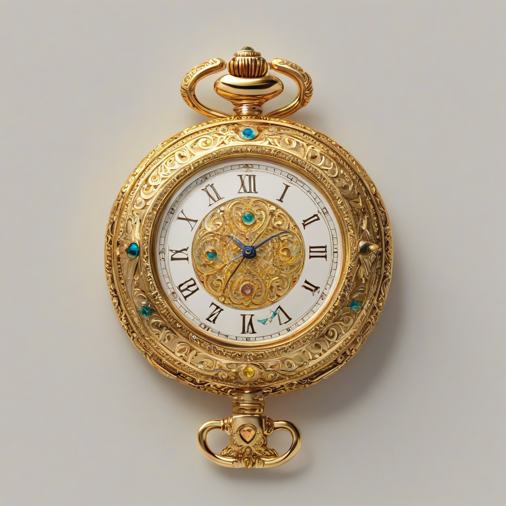 A highly detailed, yellow, Victorian-style, magical artifact, such as an ornate, gemstone-encrusted, golden pocket watch, with intricate engravings, and a subtle glow, in a full-body view, on a plain white background, with soft, warm lighting, and a sense of mystique, in the style of a digital painting