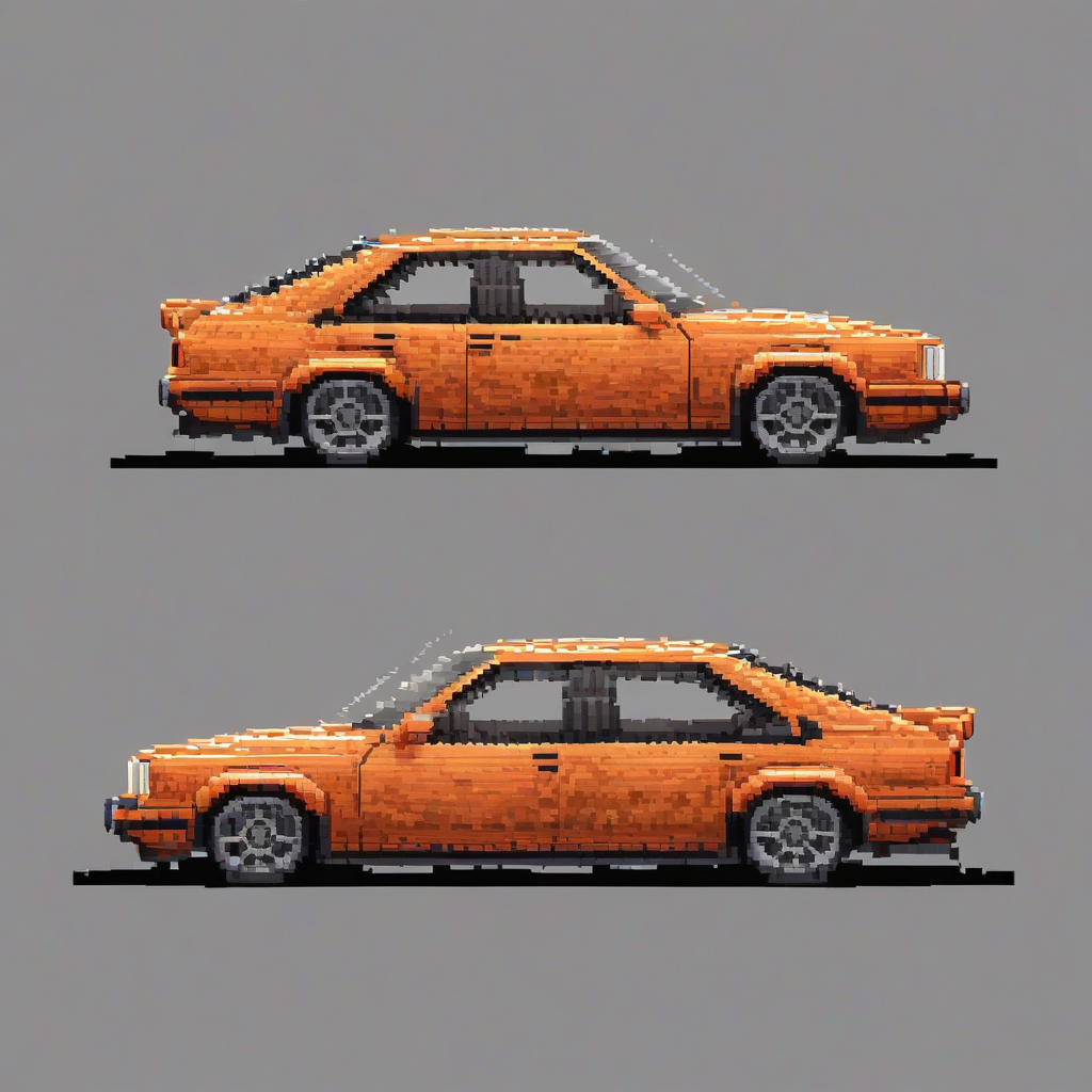 car in pixel art style, full-body view, on a plain white background, even lighting, bright orange car