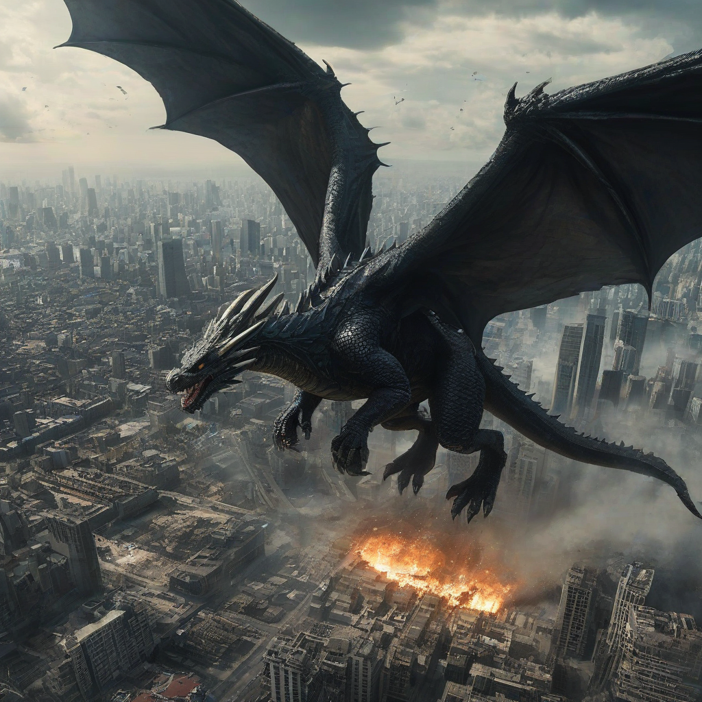 Large black dragon flying over a huge city, leaving a path of destruction behind it, kaiju style