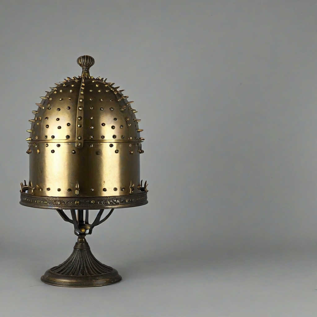 A highly detailed, full-body iron cloche with a metallic sheen, and brass spikes, with bright lighting, on a plain white background, even lighting