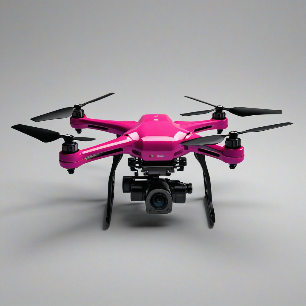 A pink drone, full-body view, wide shot, on a plain white background, with a film noir aesthetic, high contrast, dark shadows, and a hint of mist, in the style of a digital illustration, with bold lines and vibrant colors, on a plain white background, even lighting