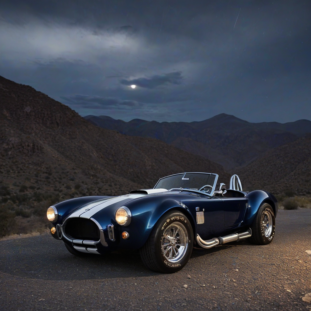 Shelby Cobra on black cylinder, tiny spotlights, night, mountain range background