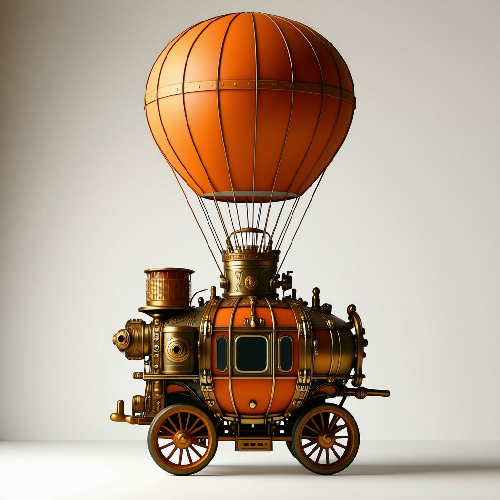 A steampunk-inspired, orange, Victorian-era styled, full-body view, hot air balloon transportation device, with intricate brass fixtures and a wicker basket, set against a plain white background, with warm, soft, golden lighting and dynamic shadows