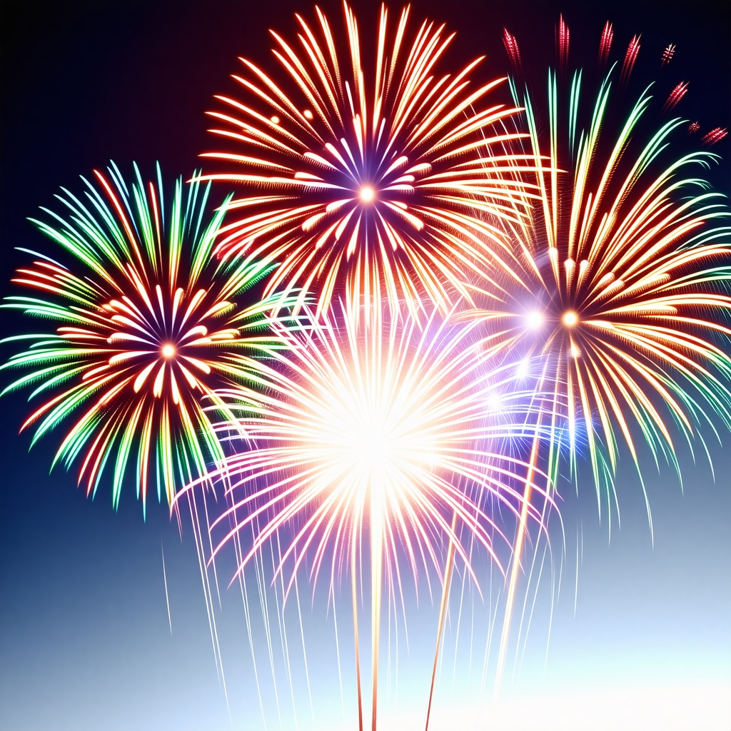 Beautiful fireworks exploding in the night sky, one red, one green, and one blue, with vibrant colors and dynamic patterns, in a wide shot, with the fireworks centered and the sky filled with stars, on a plain white background, in a digital art style