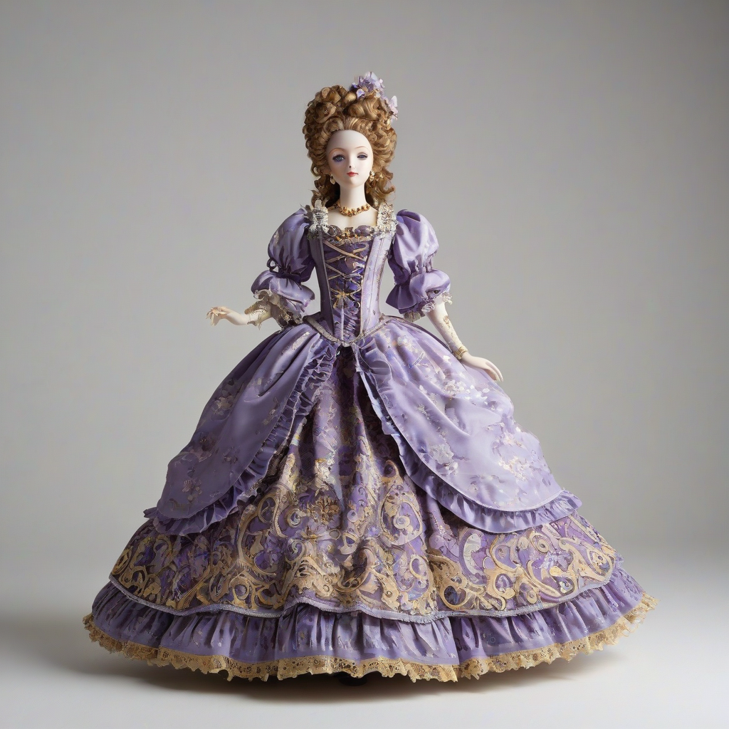 A beautiful, intricately detailed Rococo-style doll, named Violet, with a full-body view, wearing an elaborate, ornate dress with floral patterns and a wide, flowing skirt, standing on a plain white background, with soft, warm lighting and gentle shadows, in a wide-angle shot, with her feet visible, made of high-quality porcelain, with a sweet, gentle expression on her face