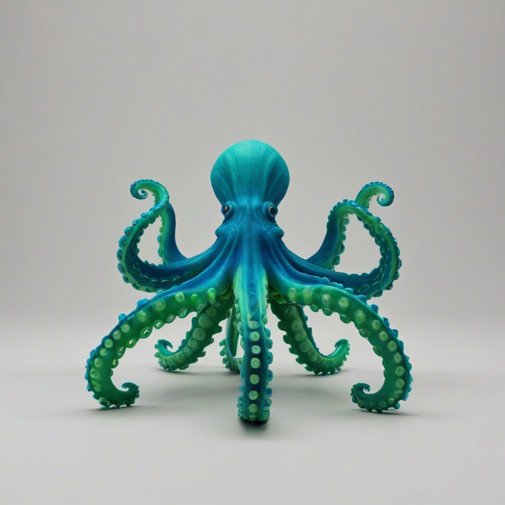 3d print of green and blue ,articulated, deep sea octopus,, on a plain white background, even lighting