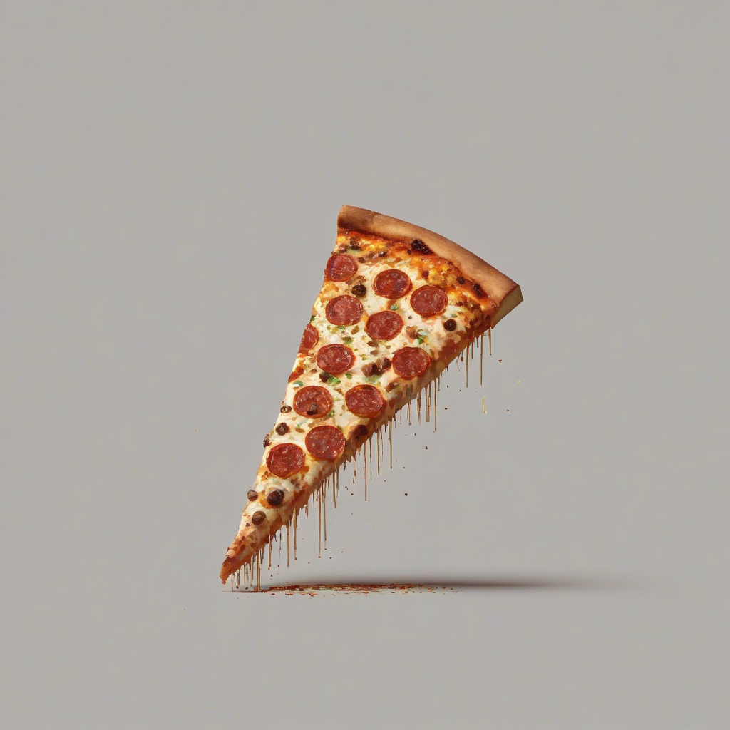 A single piece of pixelated pizza, low-resolution digital art style, on a plain white background, wide shot, with visible crust, sauce, cheese, and toppings, 8-bit graphics, full-body view of the pizza slice, on a plain white background, even lighting 
