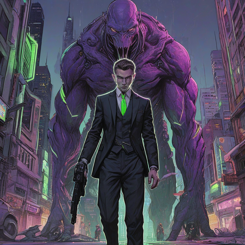 Neon Sam Guay style art of an elf man standing at ground level with one eyebrow raised and a neutral expression, looking up at a large cyber beast, wearing a sleek black suit with green, white, and purple neon accents on the lapels, holding a pistol in his right hand, on a plain white background, with a cyberpunk cityscape visible in the background, featuring towering skyscrapers, holographic advertisements, and neon lights.