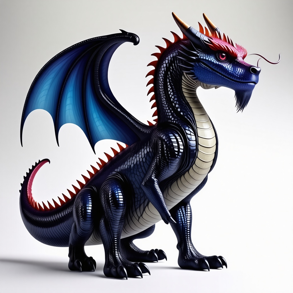 A full-body view of a detailed, colorful, dragon-like magical creature with iridescent scales, standing on a plain white background, with a wide-angle shot, and dynamic lighting, in a digital art style