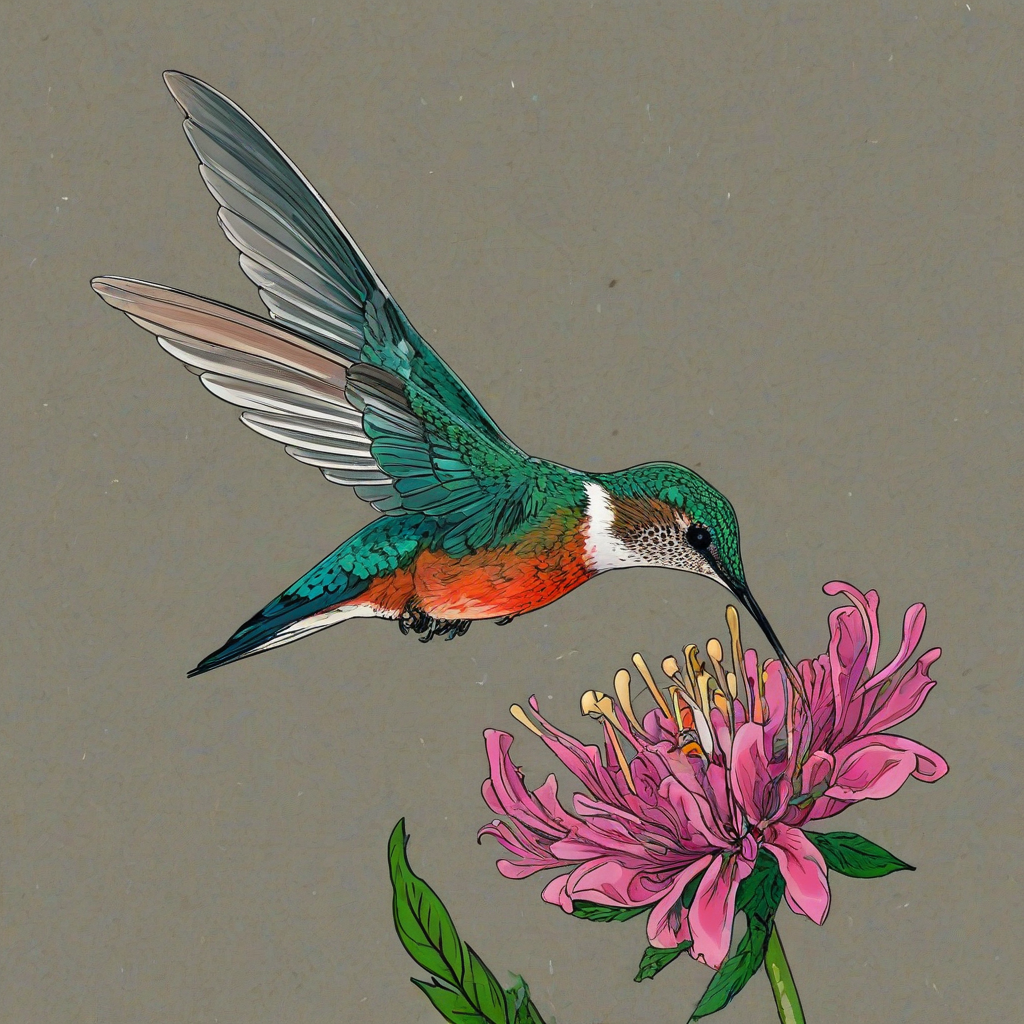 Flat art of a humming bird drinking nectar from a flower