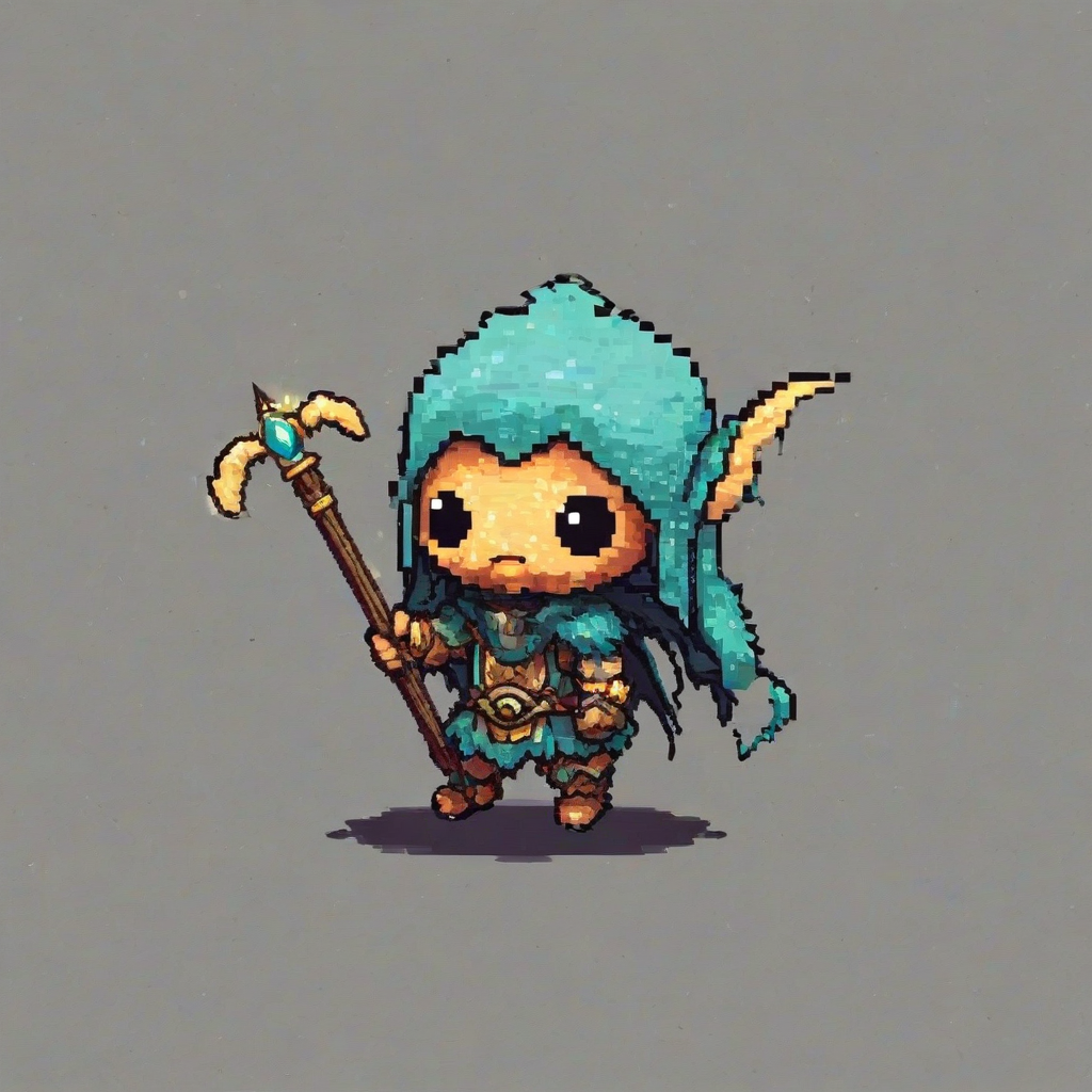 Chibi pixel art style, old sky creature holding a staff, on a plain white background, even lighting