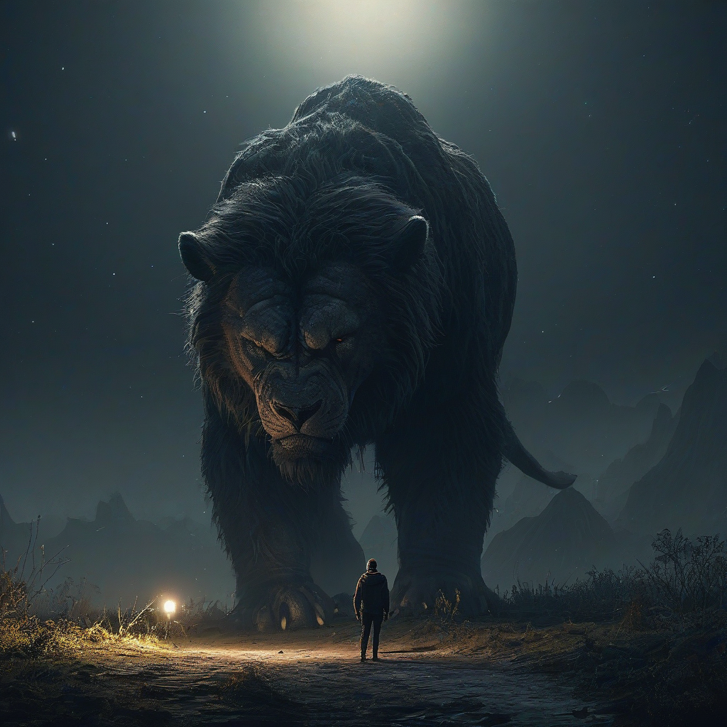 Digital art environmental scene at night with person and huge gentle beast staring down