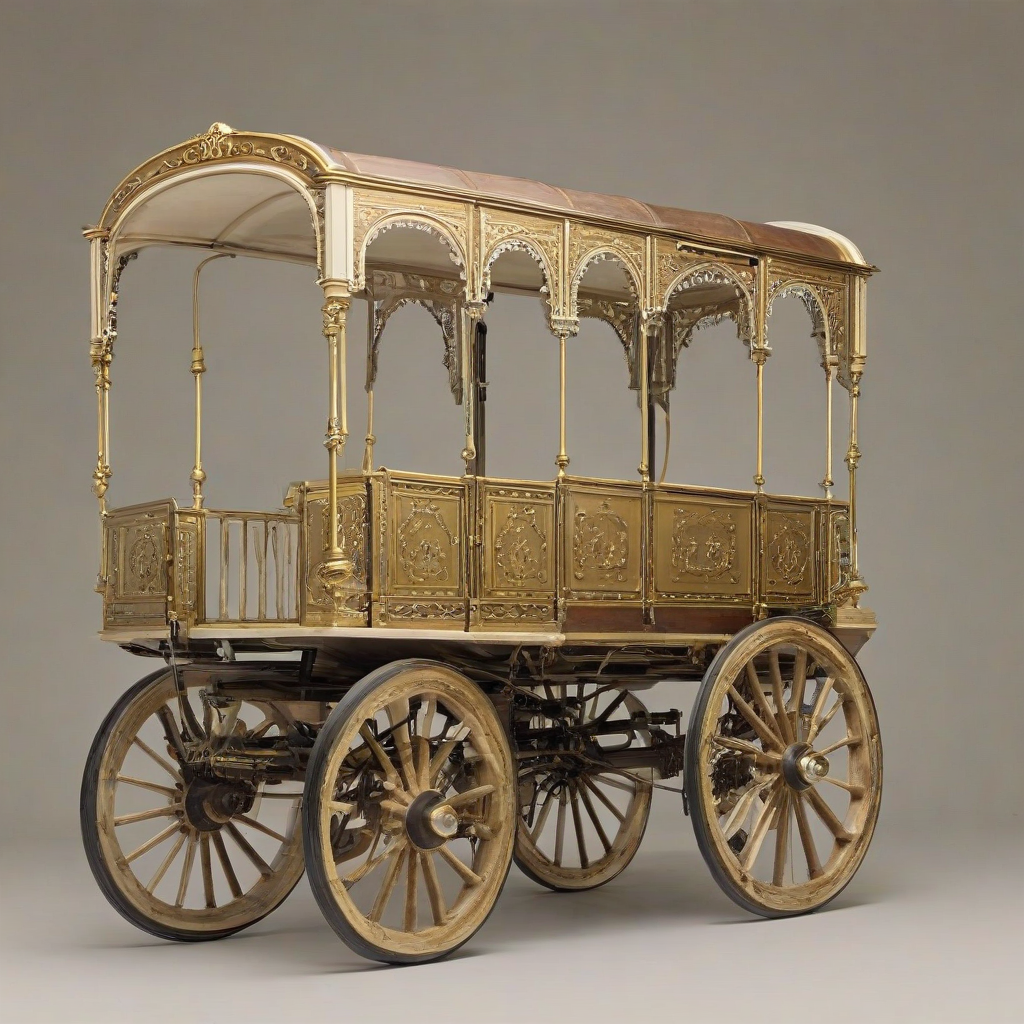 A full-body view of a Victorian-era inspired wagon, with intricate brass details and a dignified demeanor, set against a plain white background, with a warm, soft lighting and a slight sepia tone to evoke a sense of nostalgia, in a wide shot with its wheels visible., on a plain white background, even lighting