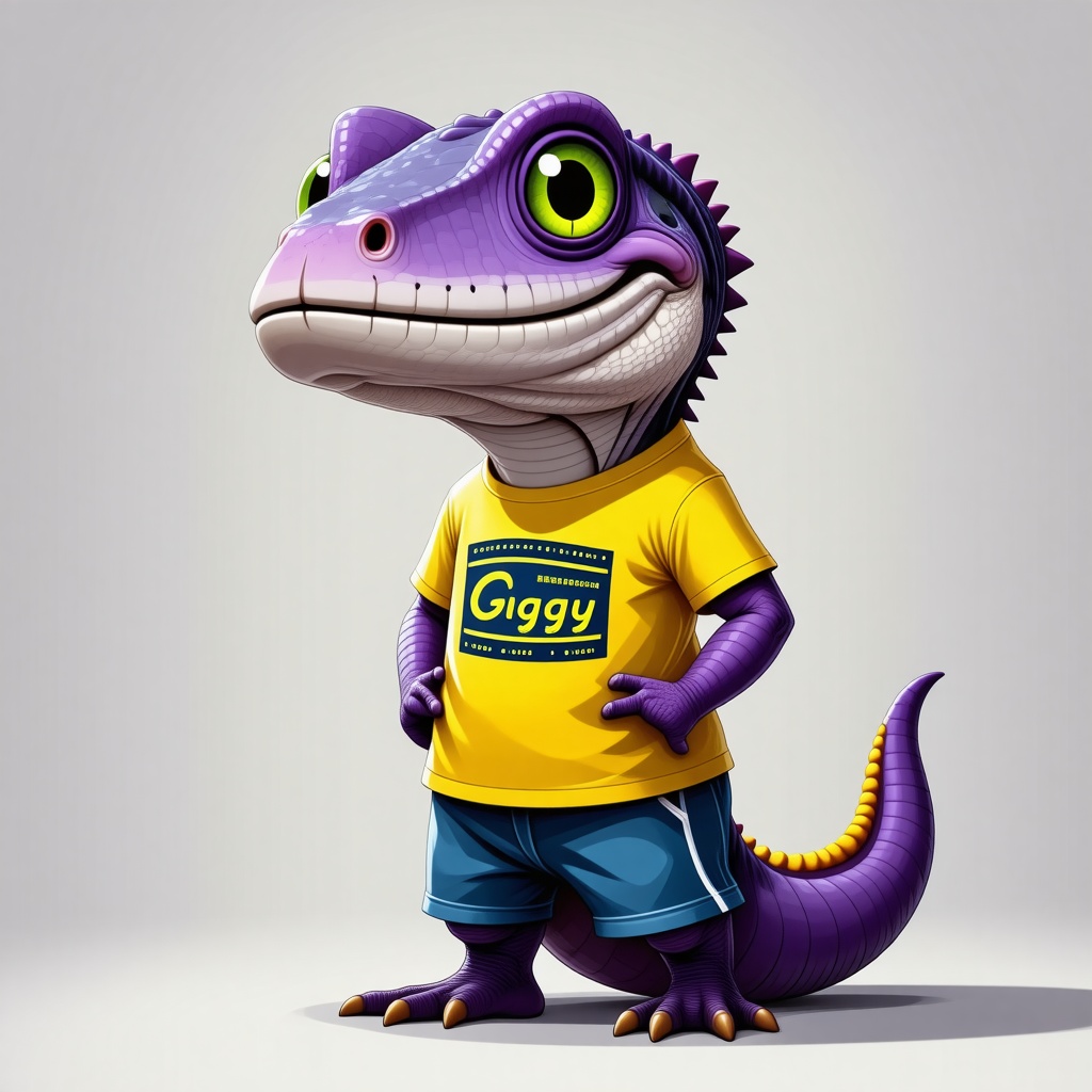 Iggy, a small, purple, cartoon iguana with a big smile and green eyes, wearing a yellow t-shirt and blue shorts, standing on a plain white background, in a full-body view with his feet visible, created in a 2D cartoon style with bold lines and bright colors