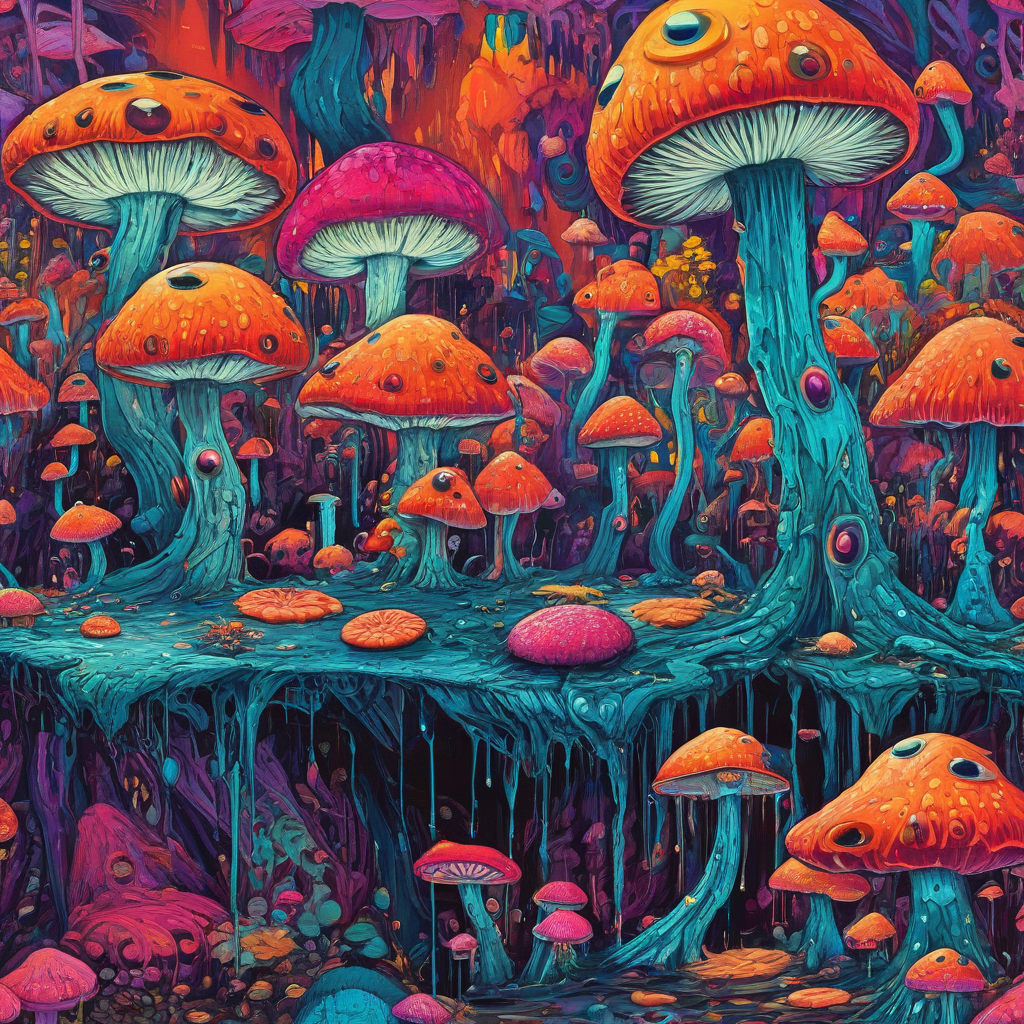Gooey psychedelic surrealist scene, drippy giant mushrooms, floating eyeballs, glossy texture, dripping effect, vibrant colors, thick gooey effect, double exposure, floating islands, swirling psychedelic patterns