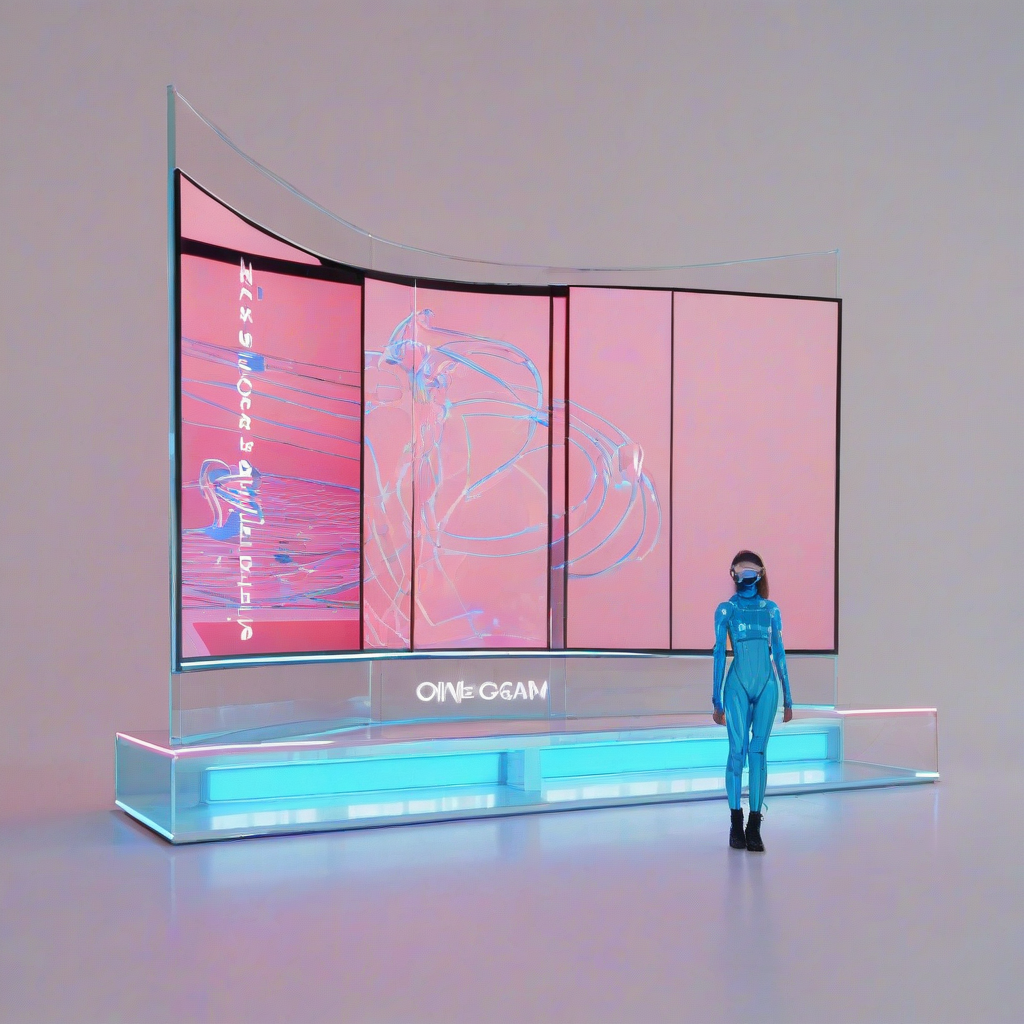 A futuristic, high-definition, blue holographic display, with a wide screen and sleek design, in a full-body view, on a plain white background, with a vaporwave aesthetic, featuring neon blue lights, and a retro-futuristic vibe, in a wide shot, with the display's edges and interface visible, and the background blurred to emphasize the hologram, on a plain white background, even lighting 