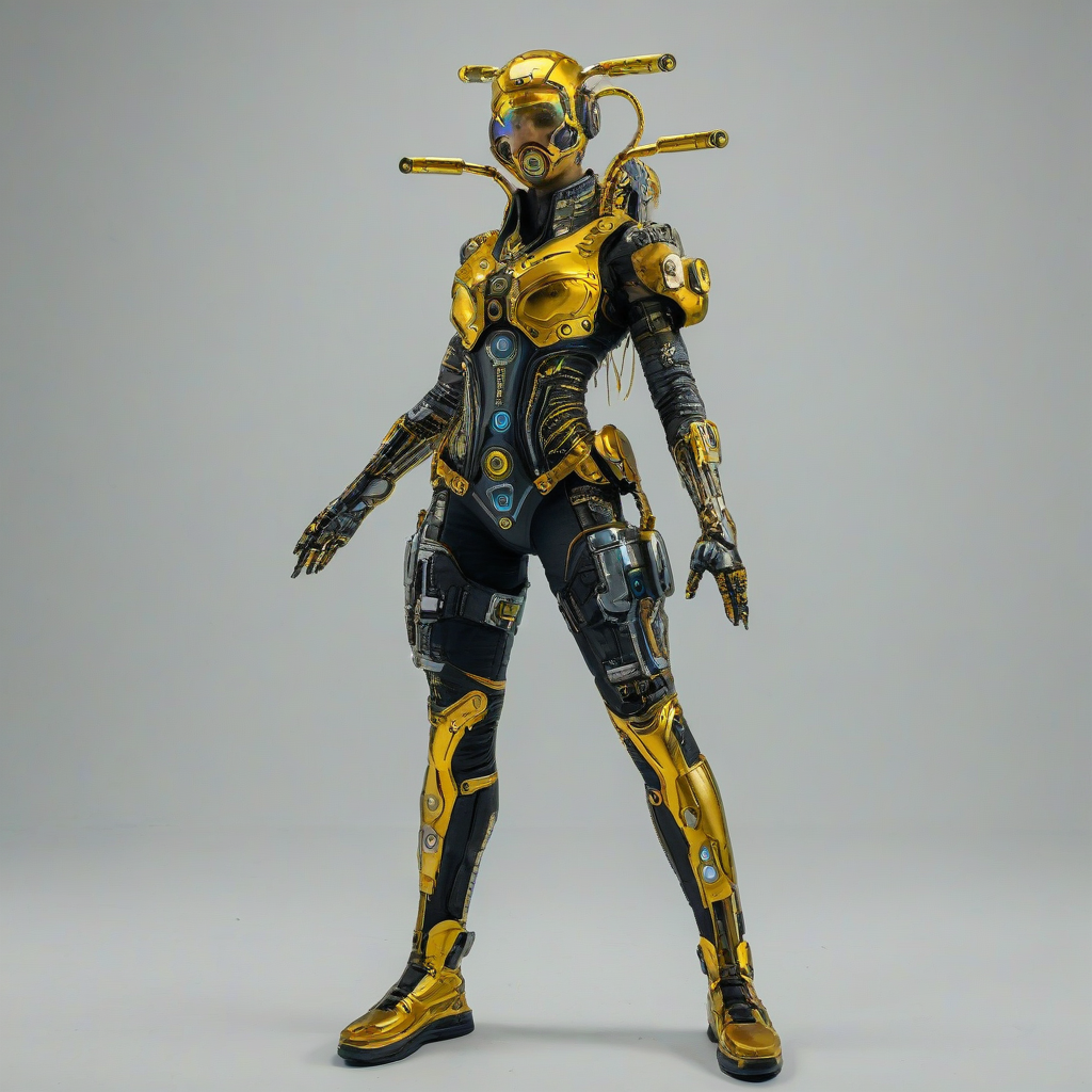 A full-body view of a futuristic biopunk character, primarily colored in various shades of goldenrod, with metallic accents and neon lights, set against a plain white background, in a wide shot, with intricate details on the costume's texture and design,  cyberpunk style, bright lighting, on a plain white background, even lighting