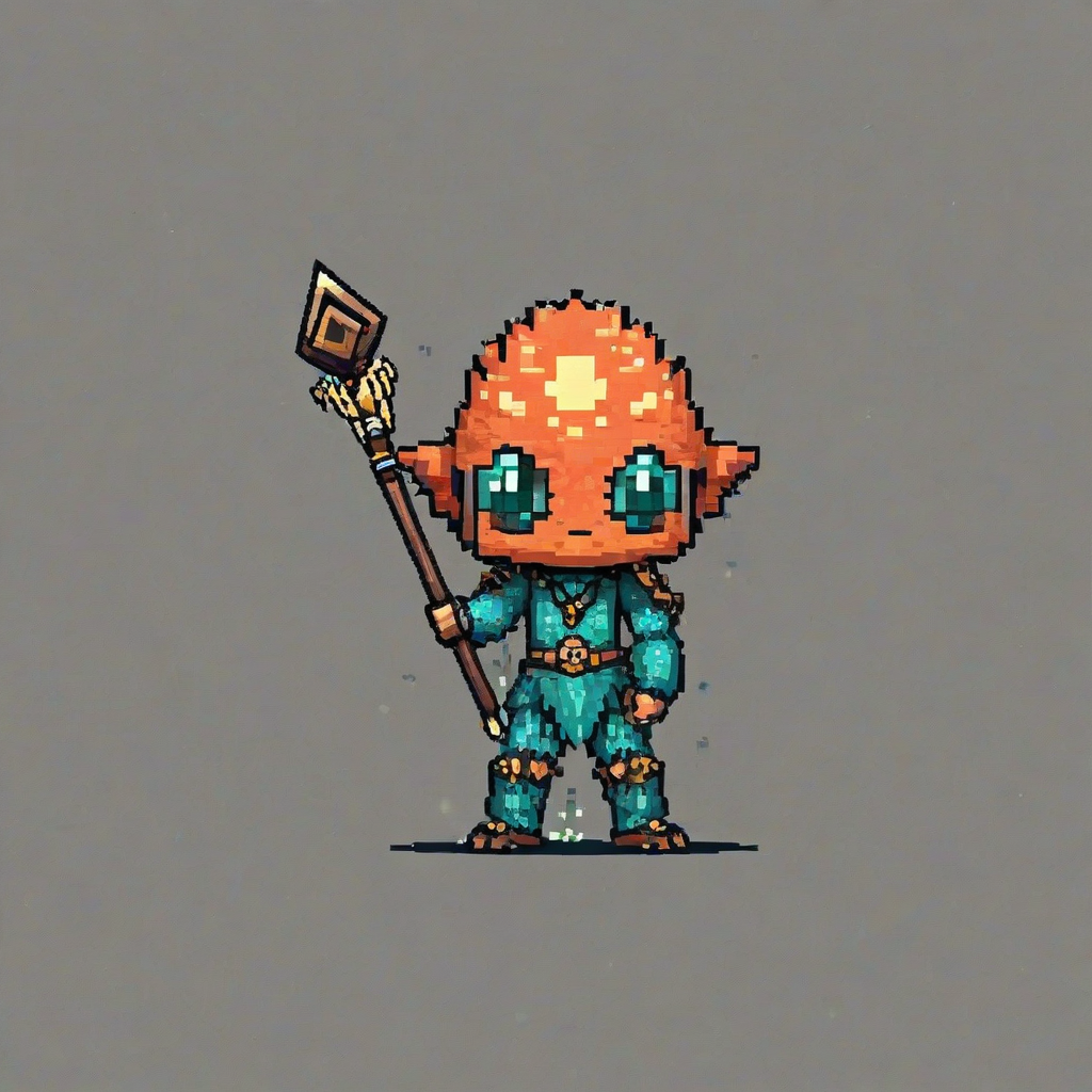 Chibi pixel art style, old sky creature holding a staff, on a plain white background, even lighting