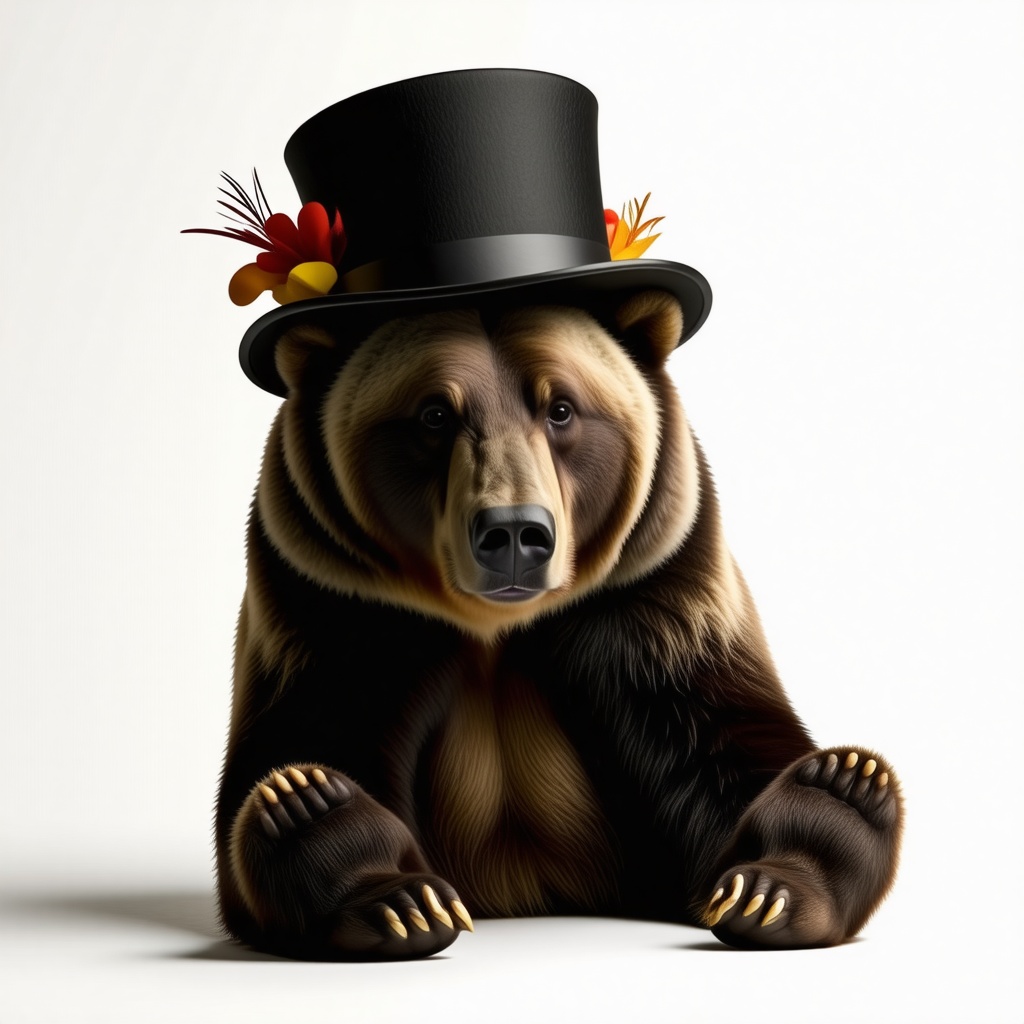 A grizzly bear sitting down, wearing an oversized top hat that tips down over one of its eyes