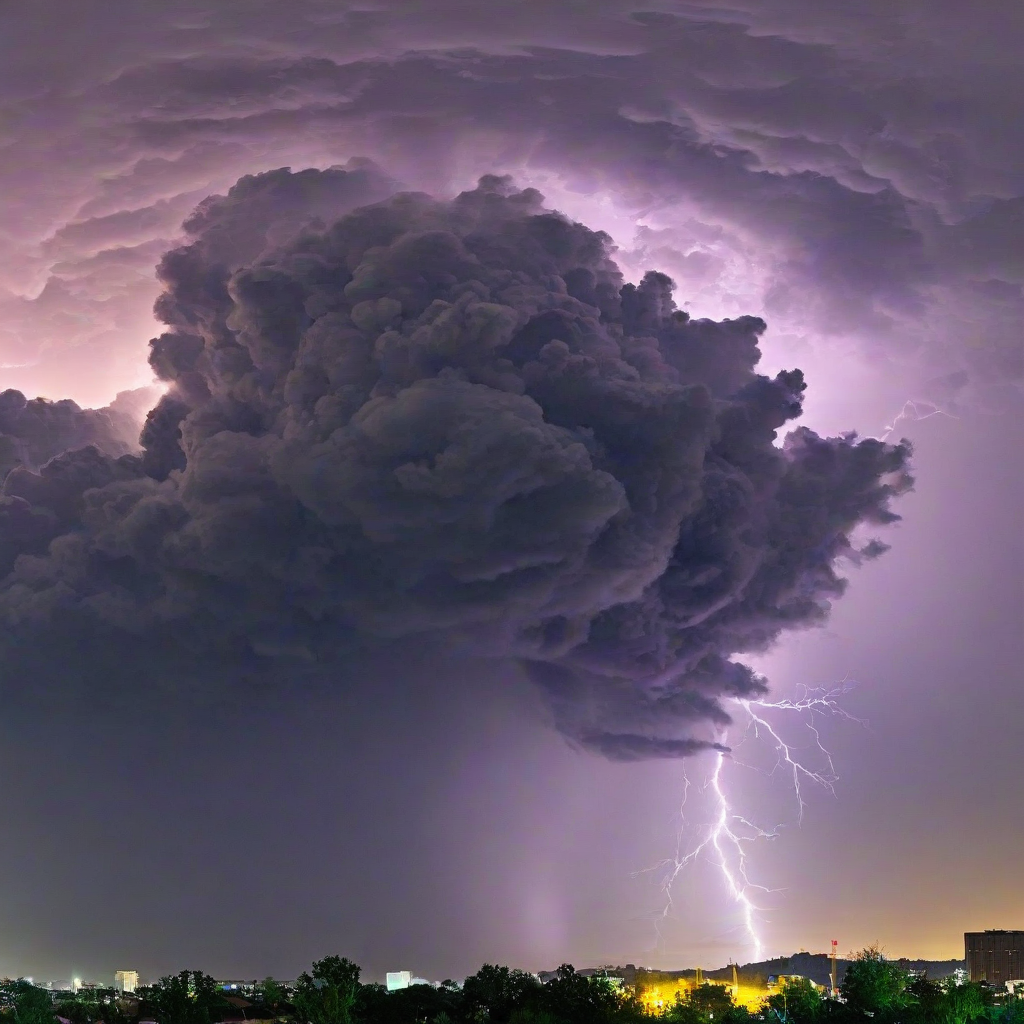 Beautiful photograph of of a yellow sky with purple, black, blue, and green thunder clouds with bright flashes visible within the storm to show lightning