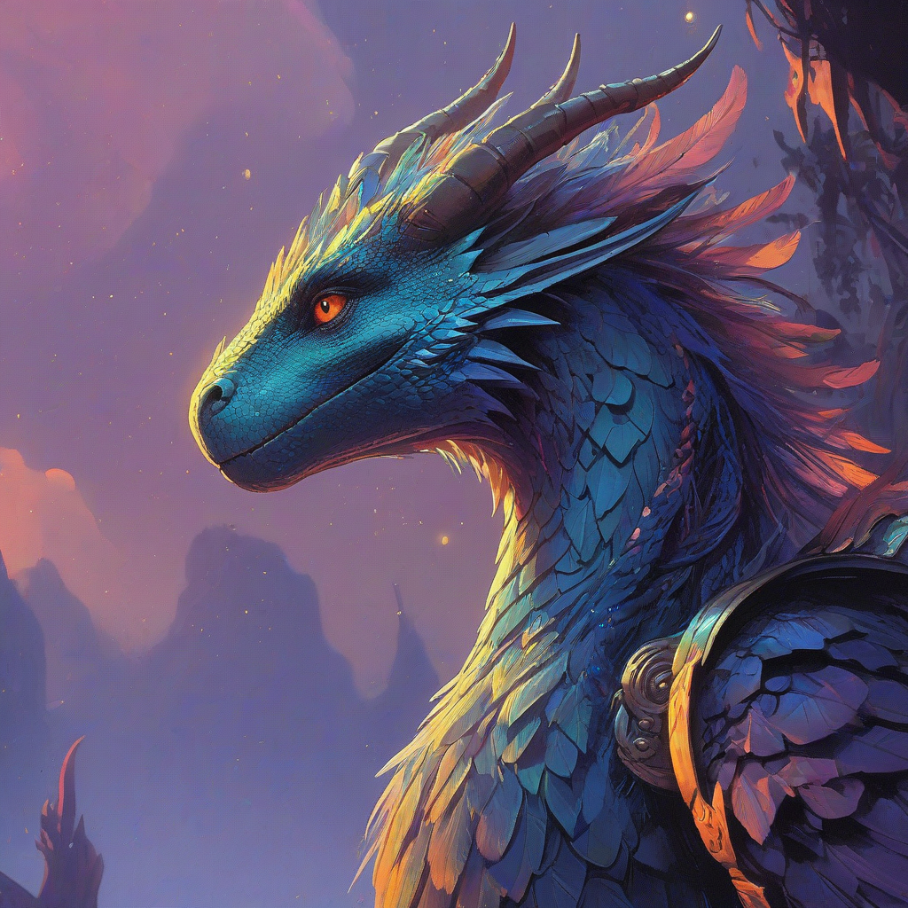 Vibrant tiny dragon, profile view, crown of horns, regal, ethereal, iridescent feathers, perched in a tree at night, misty atmosphere, magical fiery glow coming from its throat, Syd Mead and anime art styles