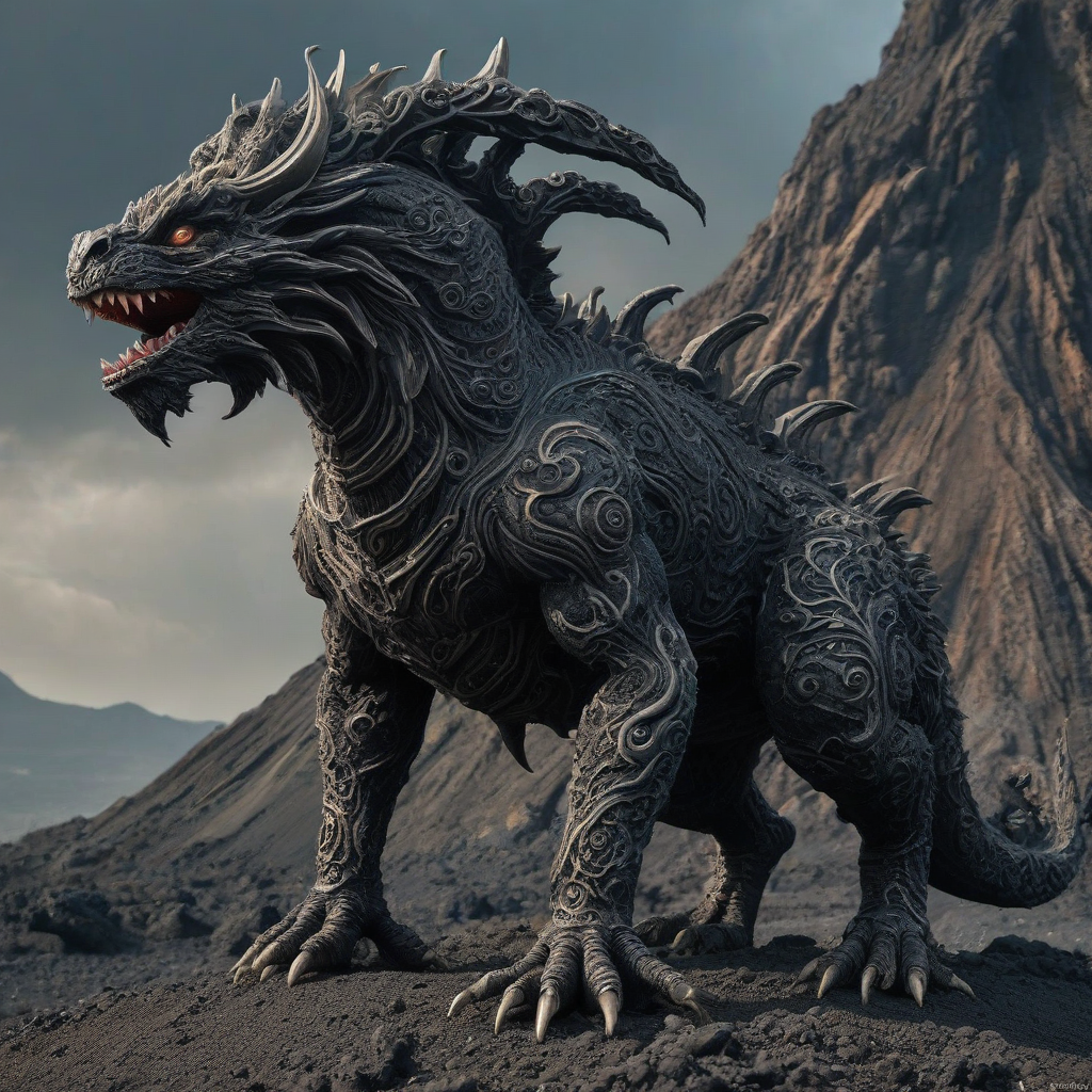 A fully detailed, full-body view, black, Rococo style monster with intricate details and patterns, on the side of a volcano, with a wide shot to capture its entire form, featuring a mix of curved and ornate elements, and a sense of luxury and elegance in its design