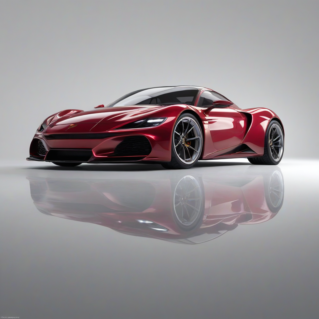 A full-body view of a sleek, crimson-colored sports car, with a glossy finish, photorealistic details, and a plain white background, in a wide shot, with the vehicle's wheels and tires clearly visible, under soft, natural lighting, with subtle shadows and reflections, on a plain white background, even lighting