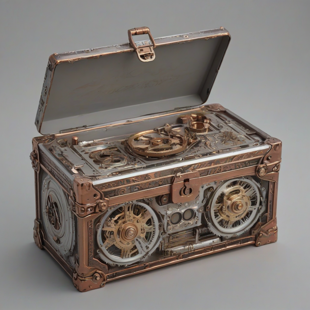 A dieselpunk style metal box, with brass accents and copper wiring, adorned with intricate gears and vintage-inspired etchings, in a wide shot, with a plain white background, and a subtle gradient of warm colors to evoke a sense of nostalgia and industrial elegance, full-body view, with the box's lid slightly ajar to reveal a complex mechanism inside, on a plain white background, even lighting 