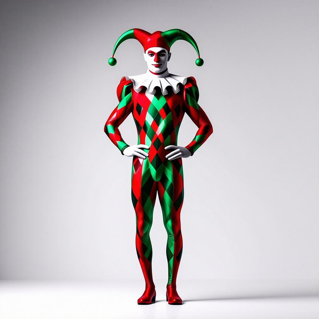 A court jester wearing a vibrant red and green diamond-patterned costume, with a court jester hat and a large, floppy collar, standing in a full-body view with feet visible, on a plain white background, in a digital illustration style with bold lines and bright colors, with a wide-angle shot and dynamic shadows