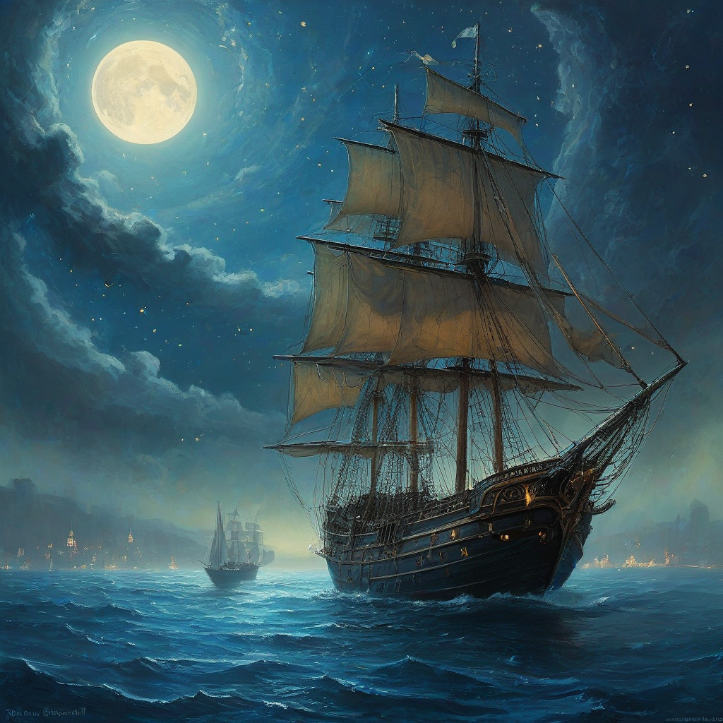 Ethereal Marc Simonetti style: crescent moon, starry night sky, blue steampunk sail ship in mist