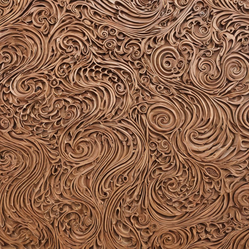 2" thick, 8' by 4' rectangular wooden wall panel with intricate wave-like carvings, natural grain, and warm brown tones, on a plain white background