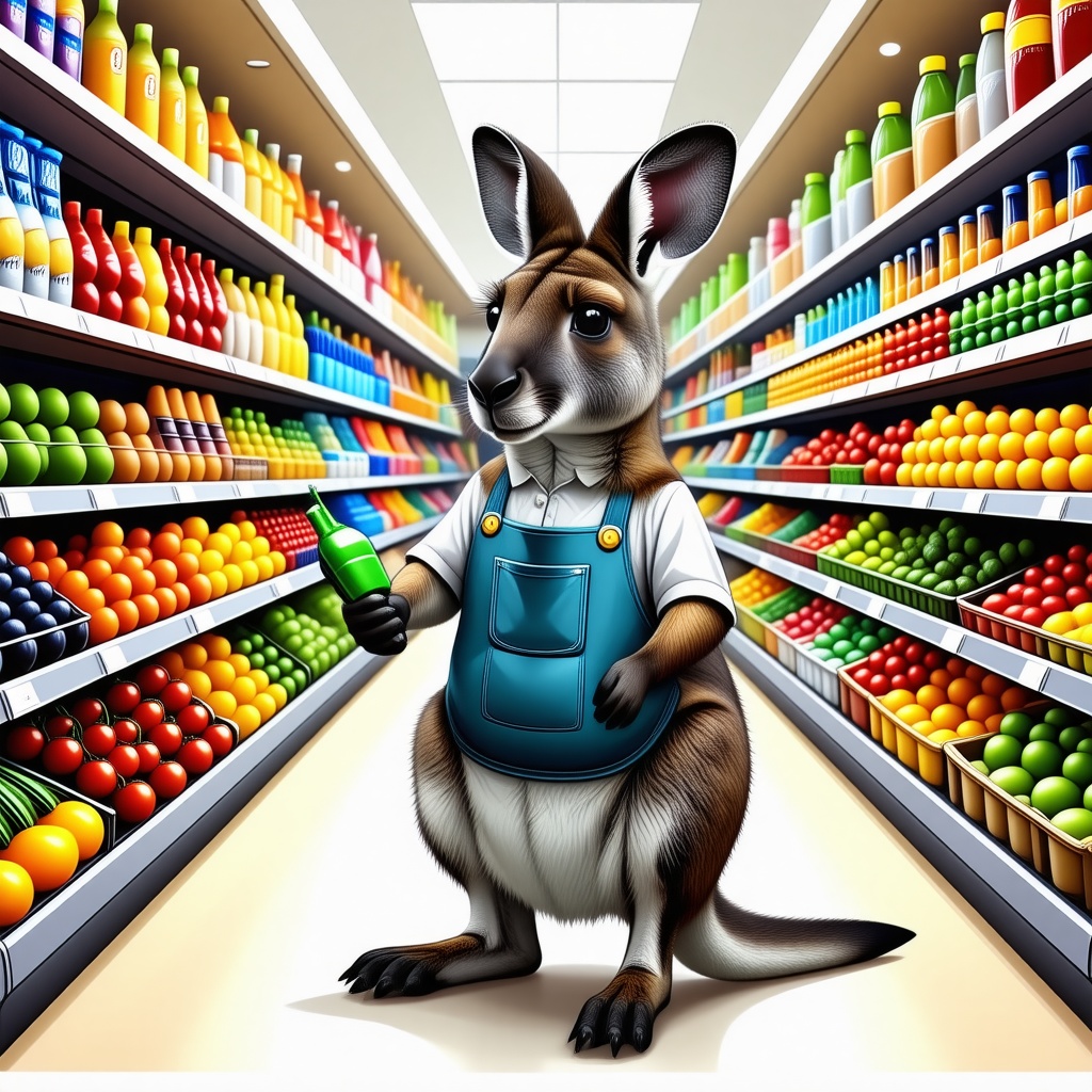 A cartoon Kangaroo inside of a grocery store. The kangaroo is wearing an employee apron and it is organizing the produce.