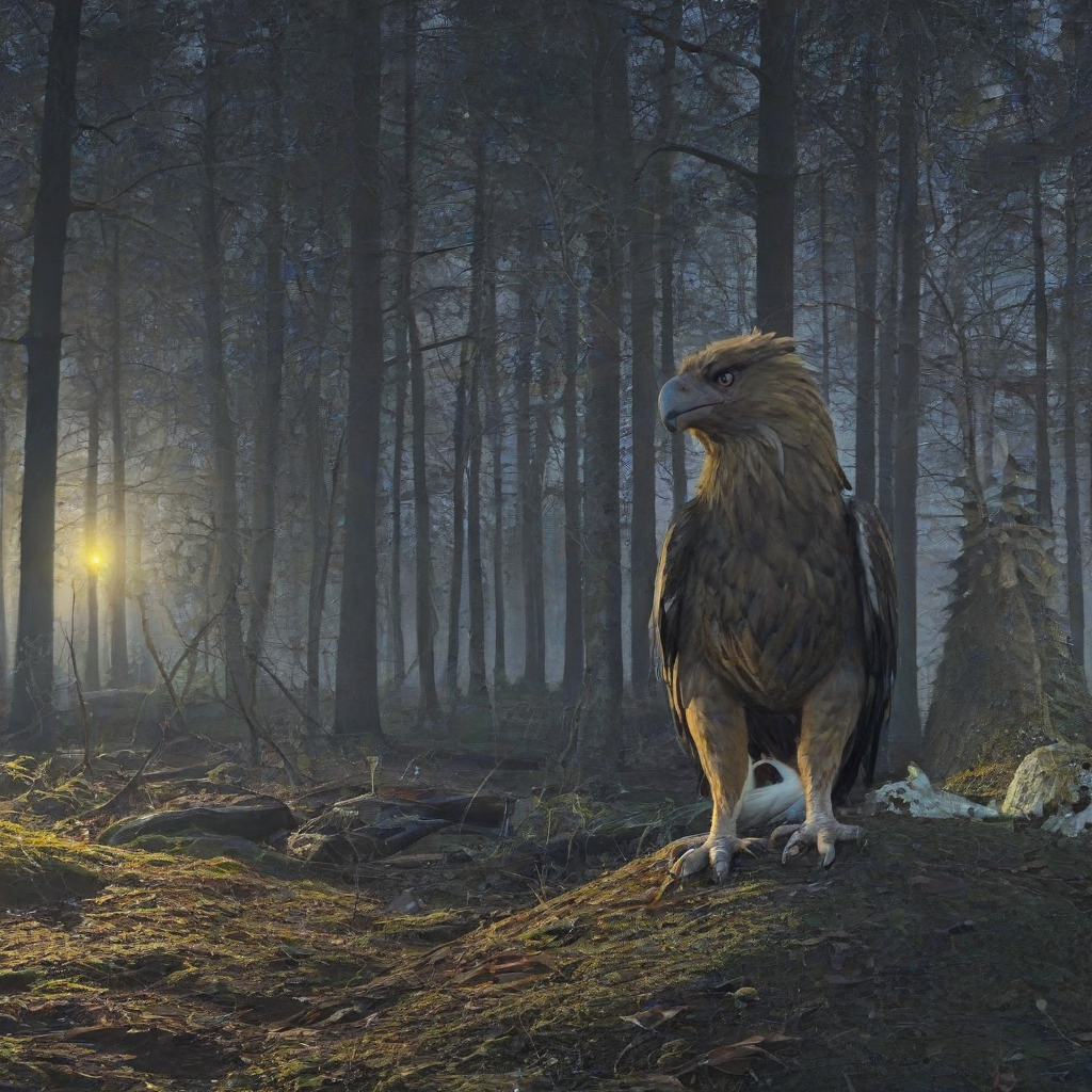 A griffin in the woods at night