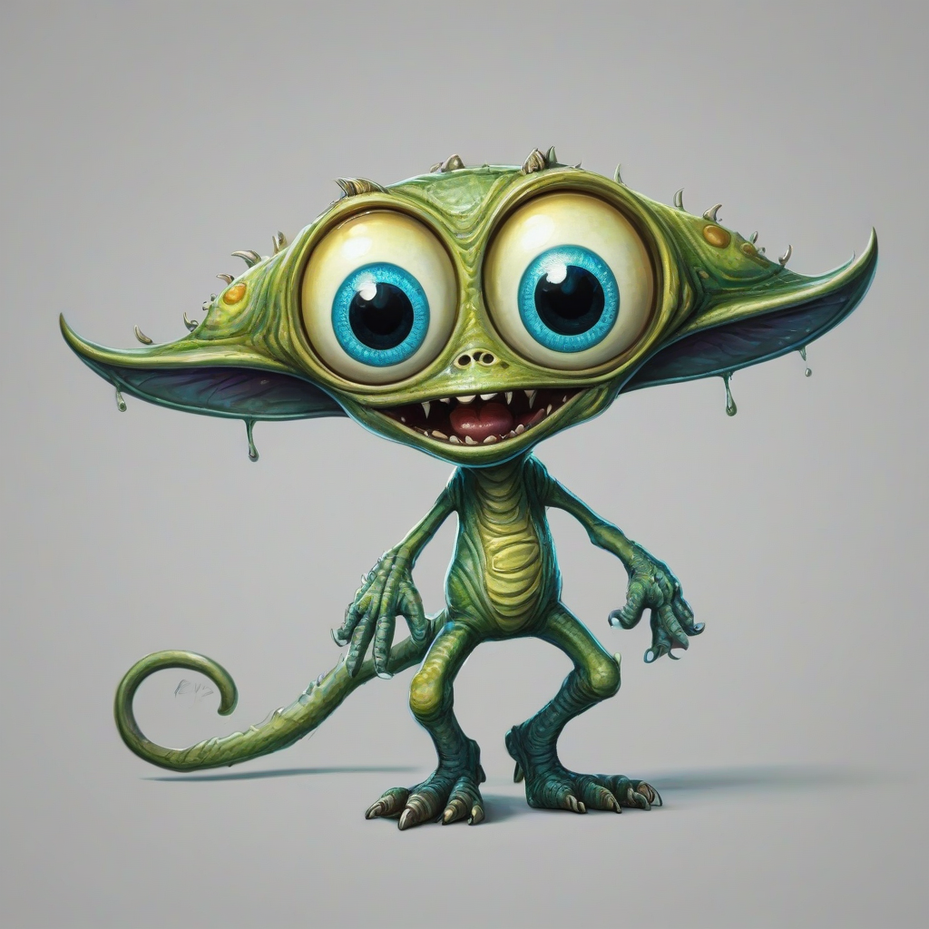 hand-drawn cartoon of a quadruped alien creature with big eyes, happy expression, bright, even lighting, on a plain white background, on a plain white background, even lighting