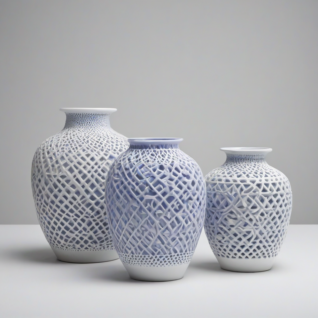 a delicate, openwork periwinkle vase in varying sizes, with intricate patterns on a plain white background, under even lighting, on a plain white background, even lighting