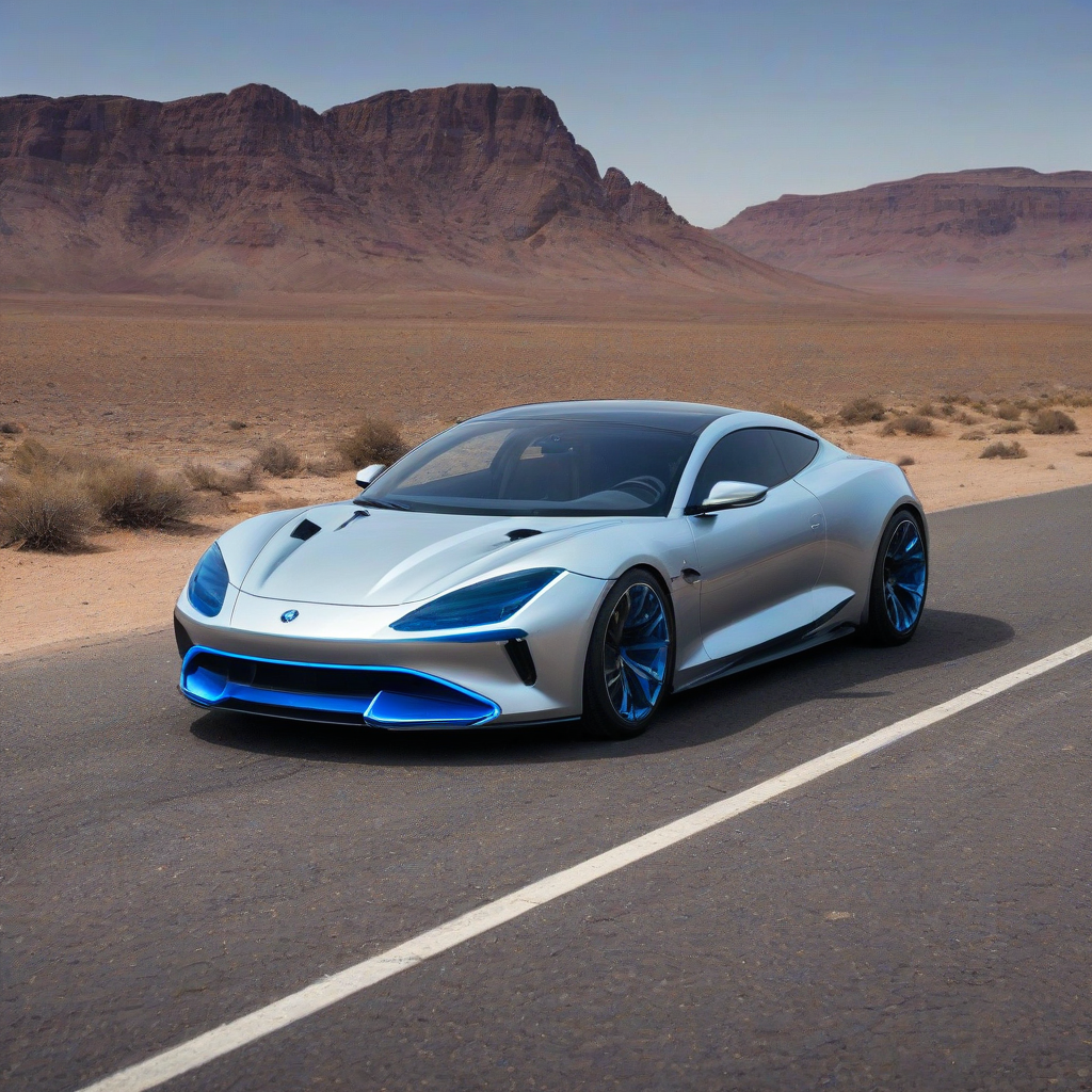 Sleek, silver sports car, glowing blue headlights, futuristic design, full-body view, on a desert road
