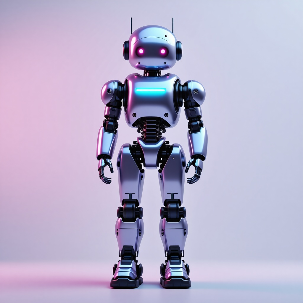 A futuristic robot named Olive, with a metallic body and neon blue accents, standing in a wide shot with its feet visible, set against a plain white background, in the style of Synthwave art, with vibrant pink and purple hues, and a sense of dynamic movement, as if Olive is about to spring into action, with a hint of nostalgic 80s flair