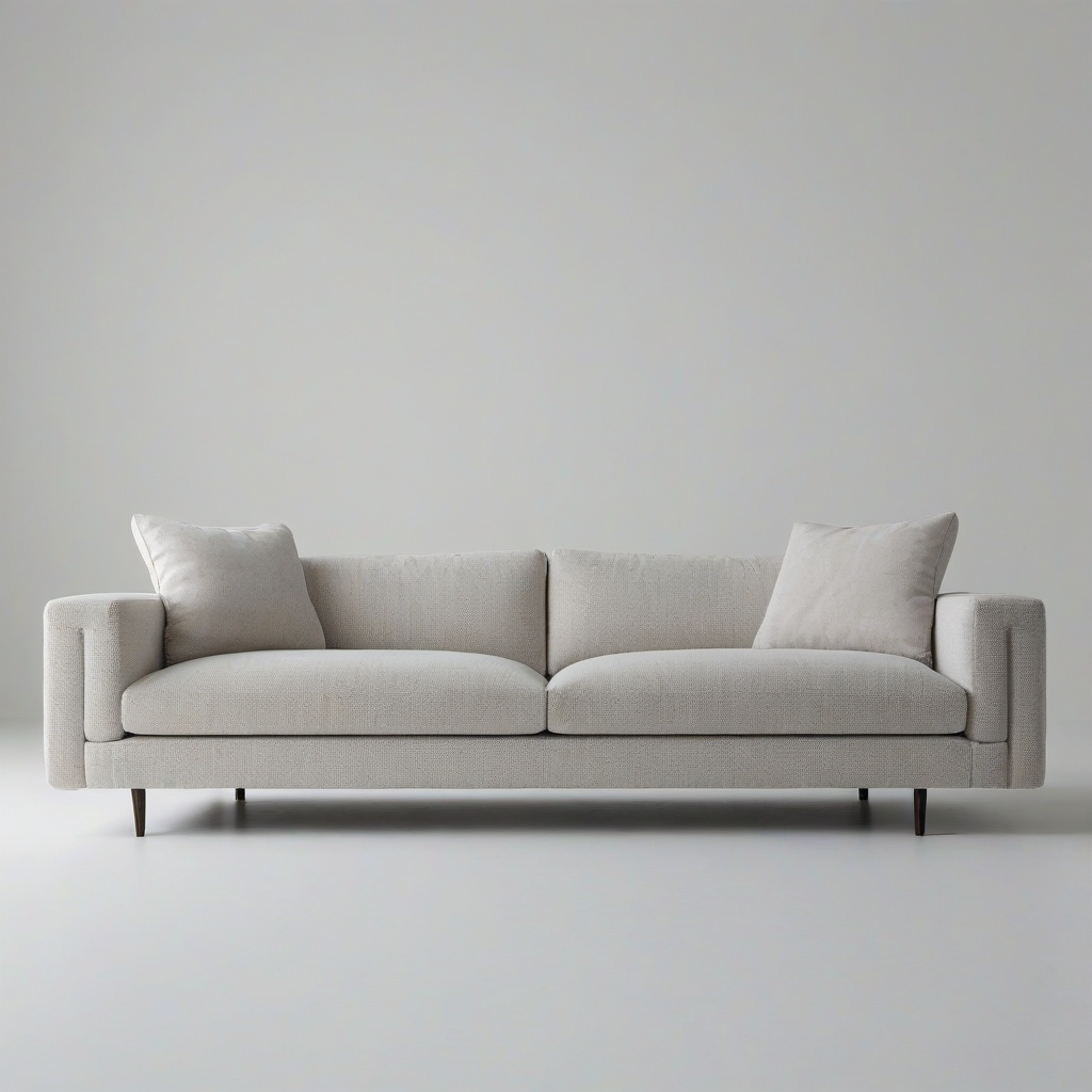 A modern, minimalist couch, on a plain white background, even lighting