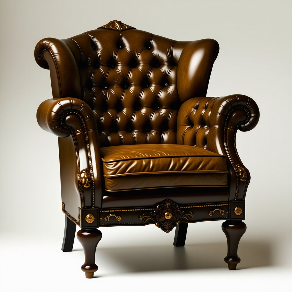 A intricately crafted, steampunk-inspired, Victorian-era armchair, with a rich, dark brown leather upholstery, adorned with brass gears, copper filigree, and a delicate, swirling pattern of chocolate-brown wood accents, set against a plain white background, in a wide shot with the chair's feet visible, under soft, warm, golden lighting, with a shallow depth of field, and a slight sense of misty, nostalgic atmosphere, in the style of a highly detailed, digital illustration