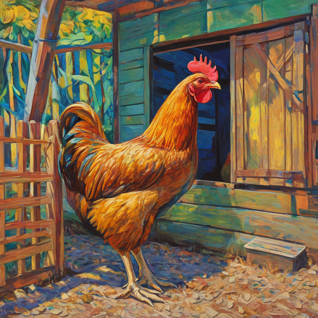 Fauvism style of a chicken  in a chicken coop