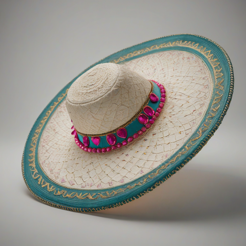 A teal sombrero with intricate gold stitching detail and adorned with pink jewels, on a plain white background, in a wide shot with the entire sombrero visible, in a photorealistic style with dynamic shadows and backlight, on a plain white background, even lighting 