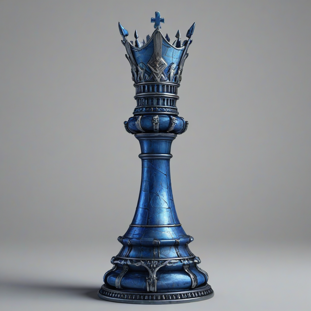 A highly detailed, full-body view of a castle chess piece, with a medieval-style castle tower body, glowing blue accents, and a regal crown on its top, standing on a plain white background, in a wide shot, with its base visible, in a digital art style with dynamic shadows and a hard rim light, on a plain white background