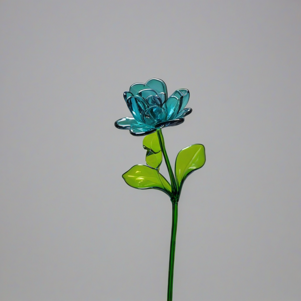 a single flower with stem all made out of colorful glass, on a plain white background, even lighting