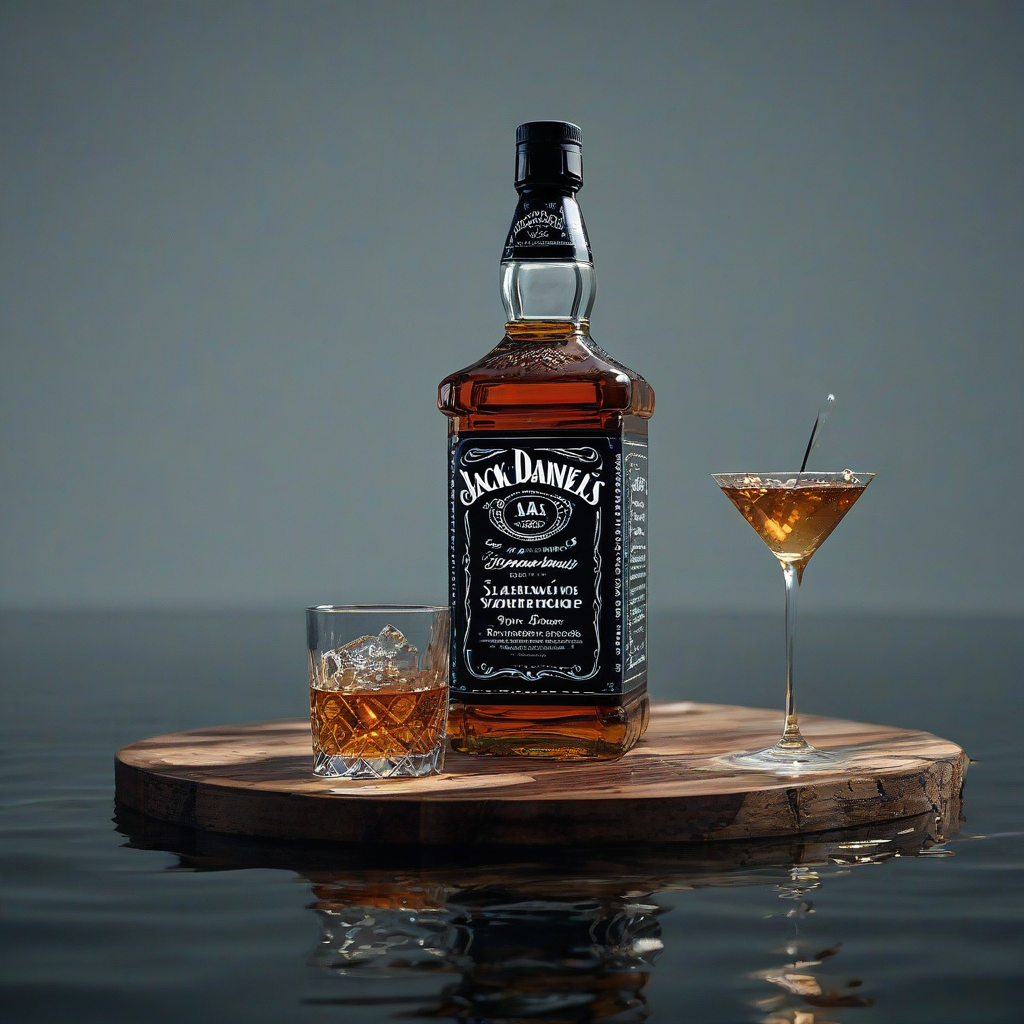 A highly detailed cinematic advertisement scene featuring Jack Daniels, standing on a surreal floating platform that visually embodies its spirit. The platform is made of materials that represent the drink’s essence (e.g. sparkling crystals for champagne, rich dark wood for whiskey, frosted ice for vodka), with dramatic reflections and melting details dripping into a calm reflective water surface. A matching glass is filled with the drink, featuring artistic textures (ice, gems, swirling liquid). Soft, colorful sunset sky with dramatic clouds in the background, high-end luxury aesthetic, photorealistic, macro details, dreamy glow, premium product photography.