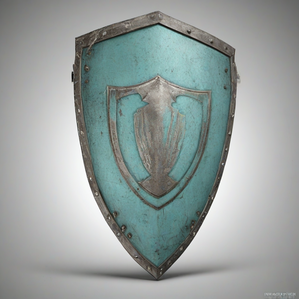 A full-body view of a turquoise shield with a metallic finish, set against a plain white background, in a post-apocalyptic style with a gritty, worn texture and a sense of decay, with a wide-angle shot and dramatic lighting, in the style of a digital illustration
