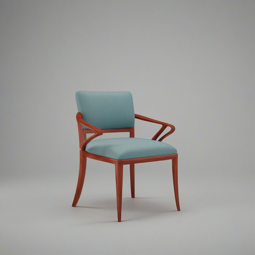 A sleek, modern chair with a wooden frame and cushioned seat, placed in the center of a plain white background, full-body view, wide shot, with feet visible, in a digital art style with vibrant colors and dynamic shadows, on a plain white background, even lighting 