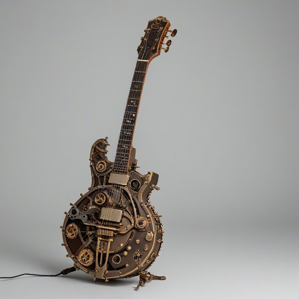 Steampunk style guitar, on a plain white background, even lighting