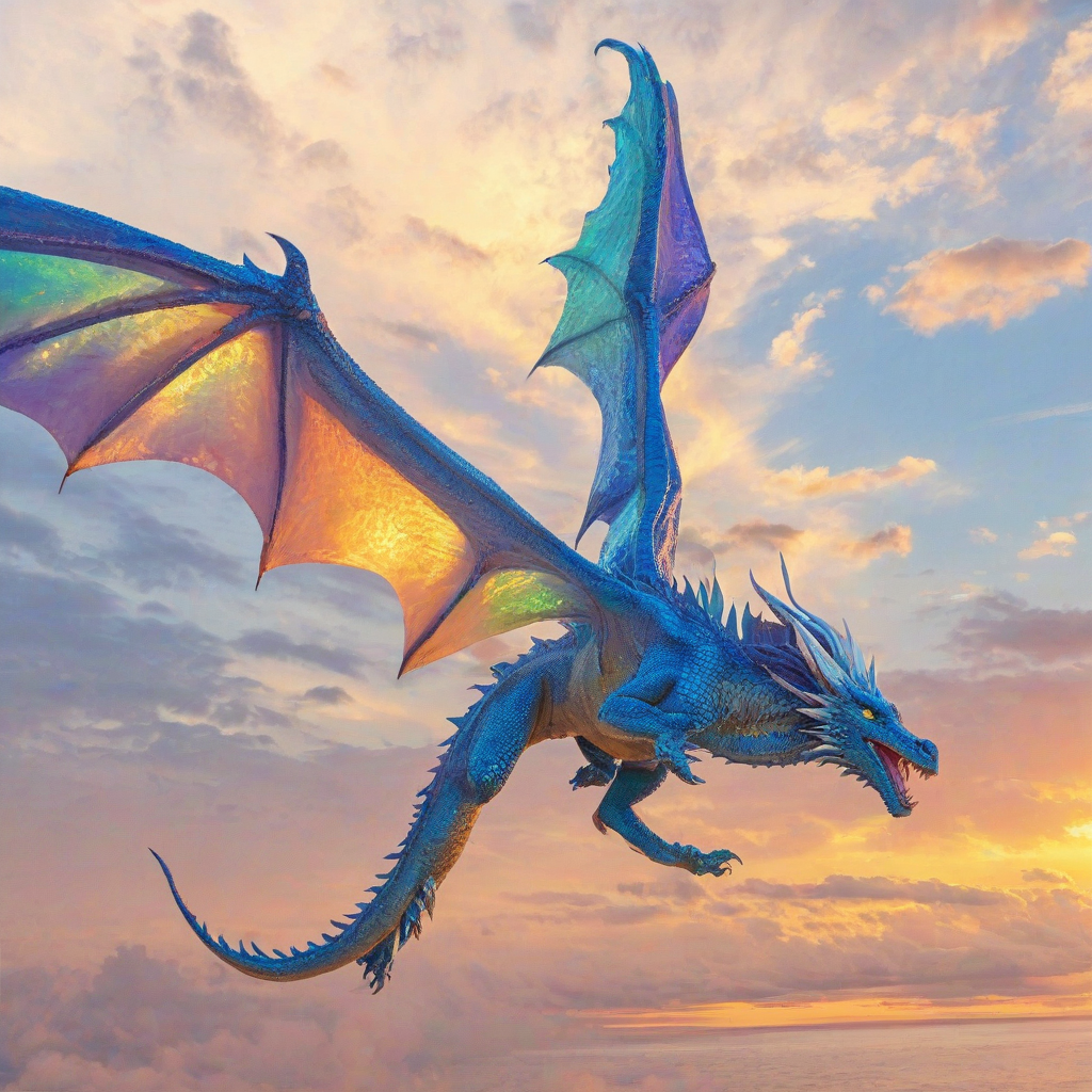 A large, majestic blue dragon with iridescent scales, flying into a vibrant sunset with warm, golden light casting a glow on its face, set against a plain white background, in a wide shot with the dragon's full body visible, including its wings and tail, in a digital art style with bold lines and dynamic shadows