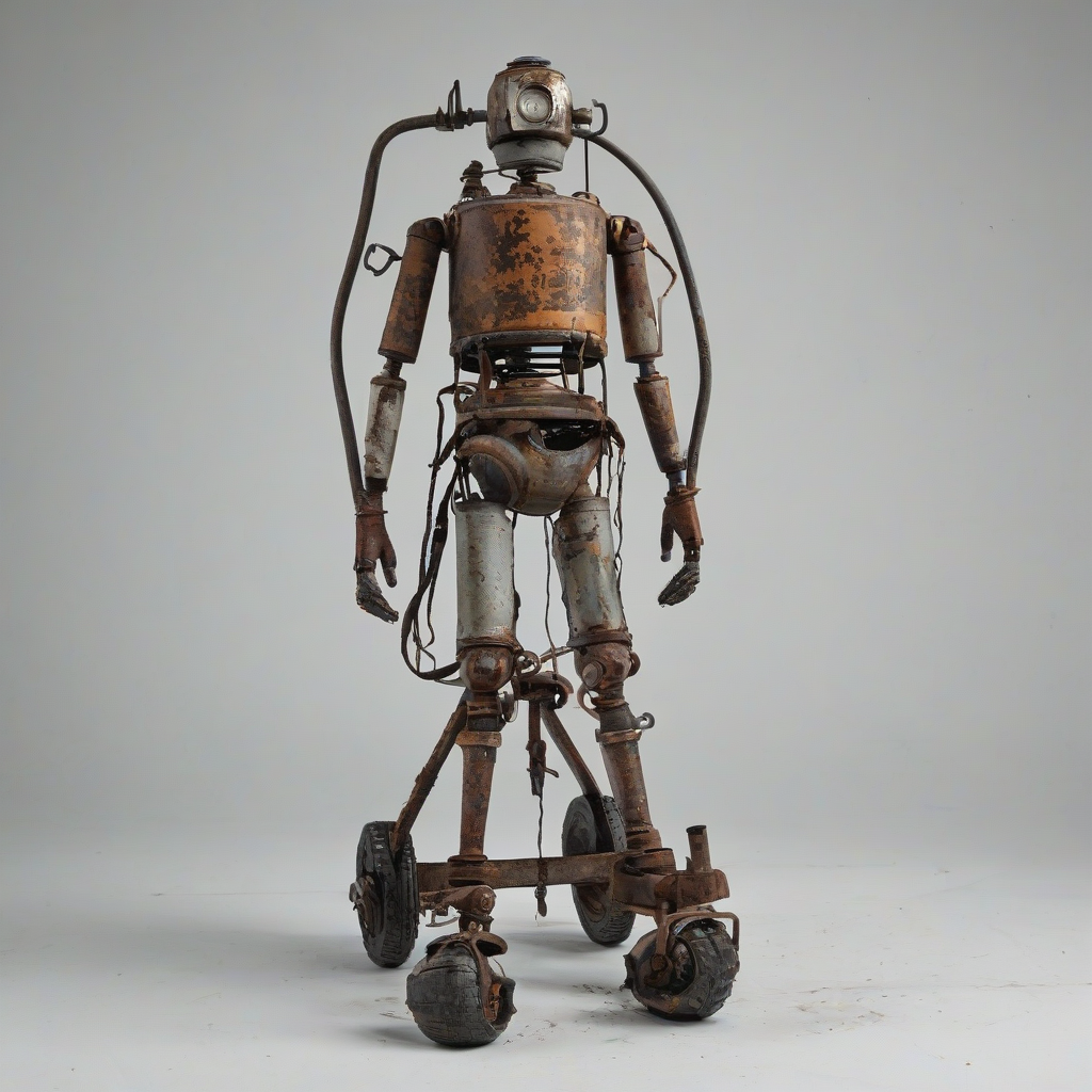 A distressed, worn looking metal dolly with a propane tank strapped to it, full-body view, on a plain white background, with a close-up shot of the rusty metal and frayed straps, in a post apocalyptic style, full body visible, on a plain white background, even lighting